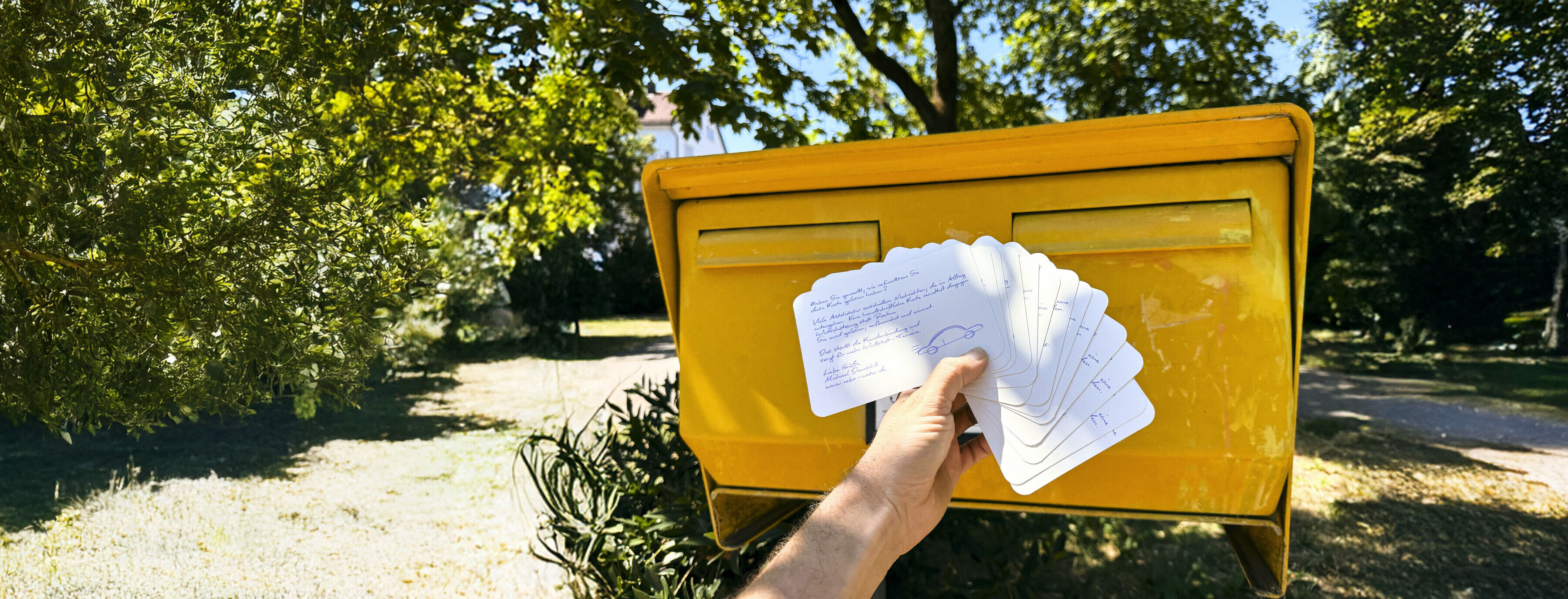 Handgeschriebene Postkarten werden am Briefkasten aufgefächert, bevor sie eingeworfen werden
